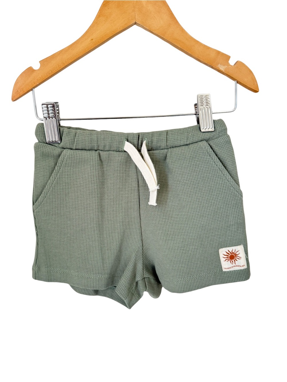 H&M Sage Green Waffle Knit Baby Shorts with Cream Drawstring NWOT 9m